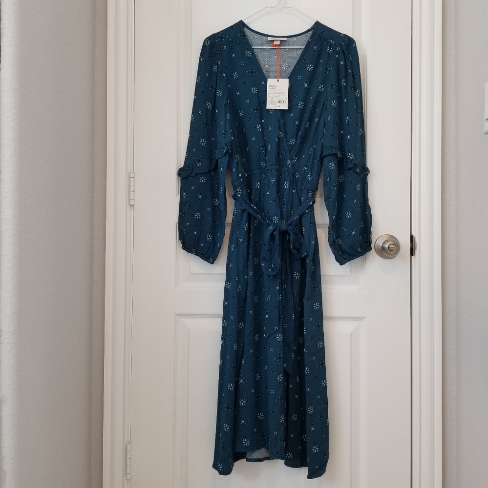 Teal Stamp Print Flutter Long Sleeve Faux Wrap Dress - Knox Rose